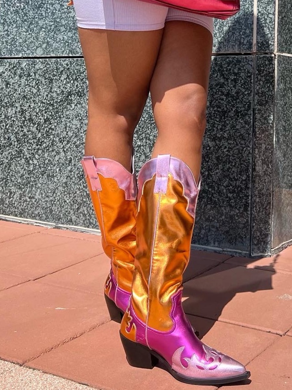 Azalea Wang Metallic Pink and Orange Western Boots